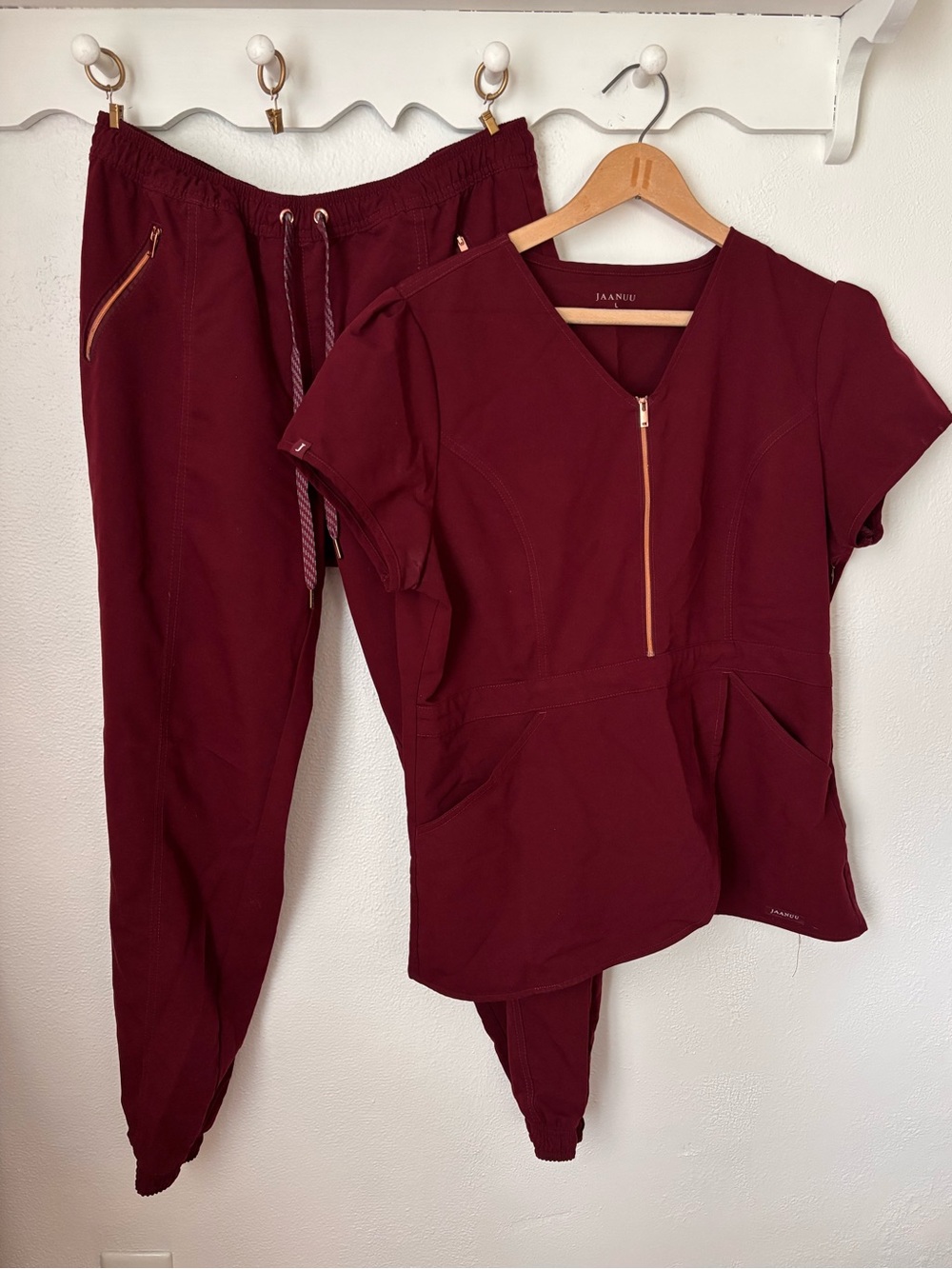 Jaanuu Wine Tulip Scrub Top & Cargo Jogger Pants Set Size L